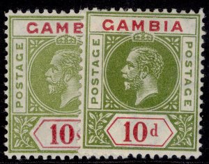 GAMBIA GV SG96 + 96a, 10d SHADE VARIETIES, LH MINT. Cat £14.