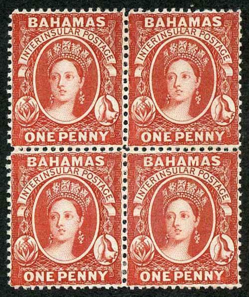 Bahamas SG33 1d Scarlet-vermilion BLOCK Perf 14 wmk Crown CC Fresh Mint (no gum)