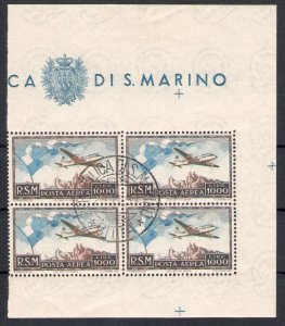 1951 SAN MARINO Airmail 'Flagierone' - Block of Four - 28-11-1951 -...