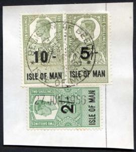 Isle of Man KGVI 10/- 5/- & 2/- Key Plate Type Revenues CDS on Piece