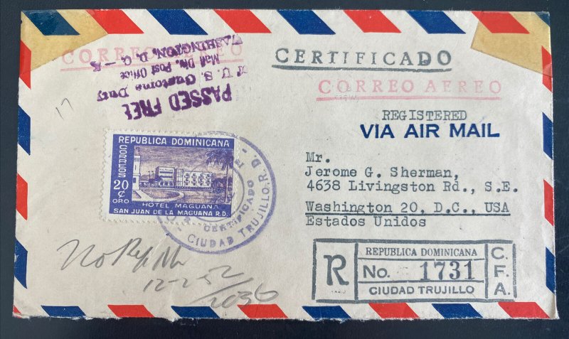 1952 Ciudad Trujillo Dominican Rep Airmail Censored Cover To Washington DC Usa 