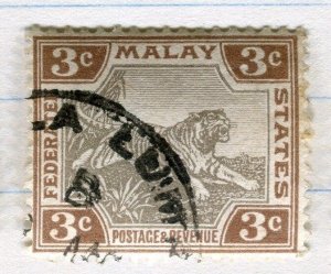 MALAYA STRAITS SETTLEMENTS;  FED STATES 1904 Tiger issue used 3c. value, Shade