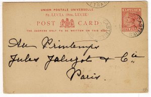 St. Lucia 1902 Castries cancel on postal card to France