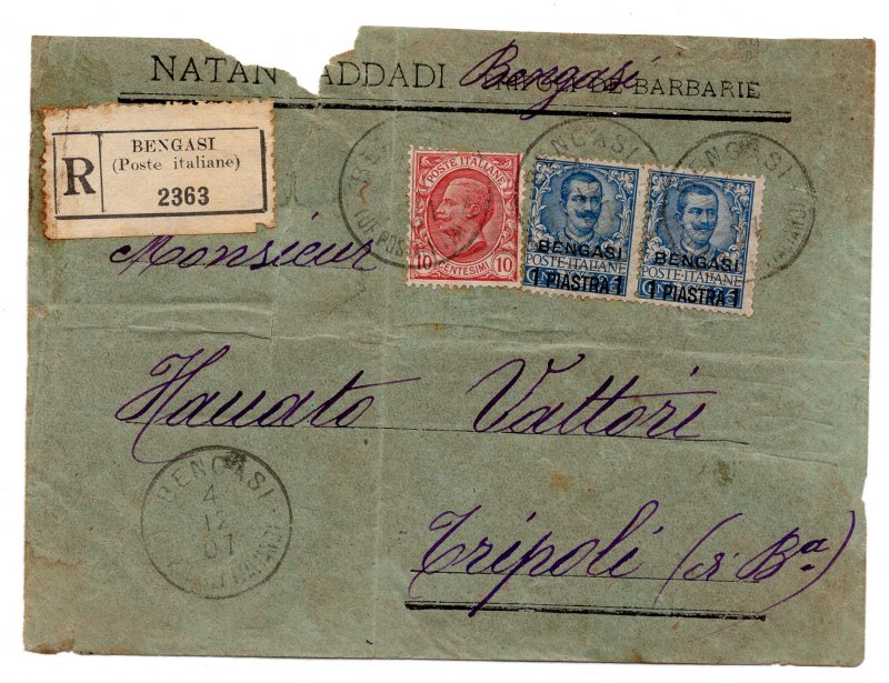 Benghazi - 1 pistra on Cent. 25 Floral No. 1 Pair on Envelope Fittings