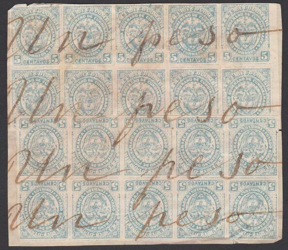 COLOMBIA  An old forgery of a classic stamp - 2 blocks of 10 on piece.......J161