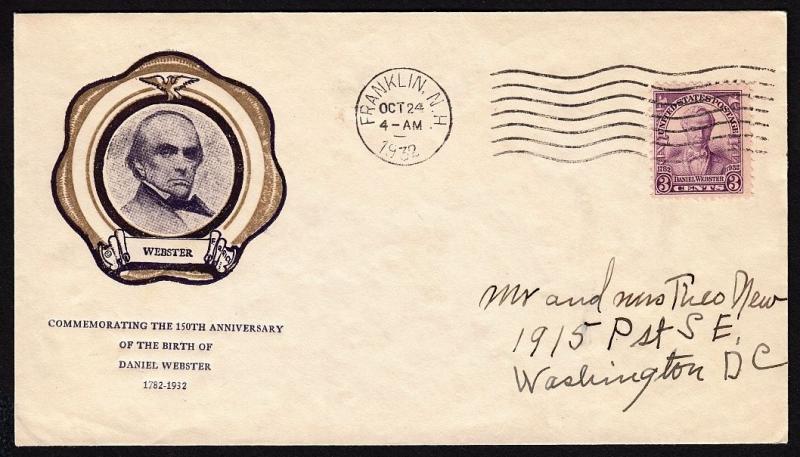 1932 Daniel Webster Sc 725  Rice cachet Franklin NH