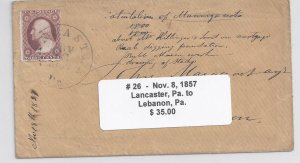 US Scott #26 used on cover brownish red