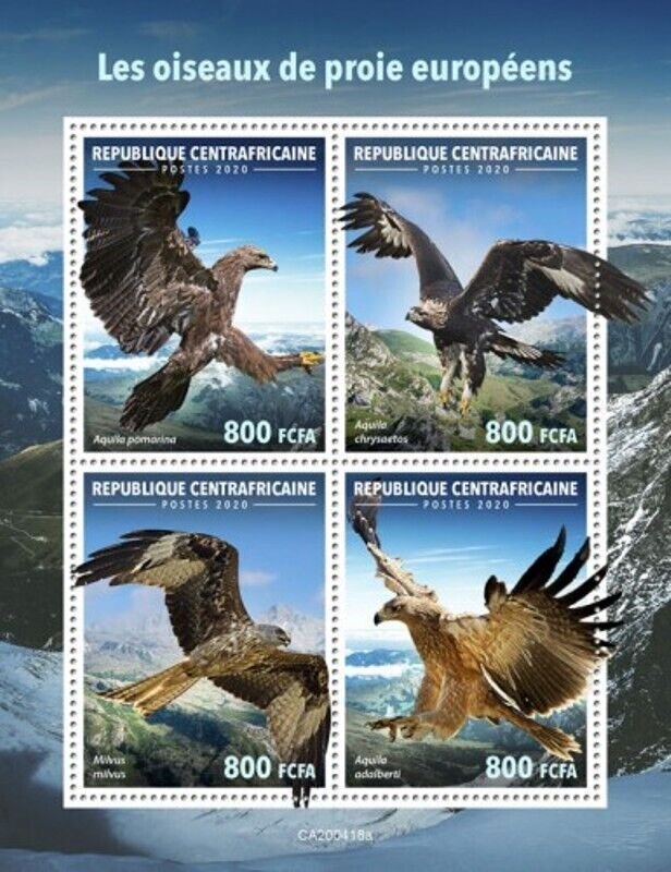 Central Africa - 2020 European Birds of Prey - 4 Stamp Sheet - CA200418a