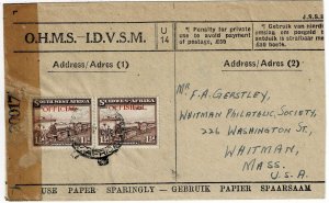 South West Africa 1944 OHMS cover to the U.S., censored, franked pair SG O17