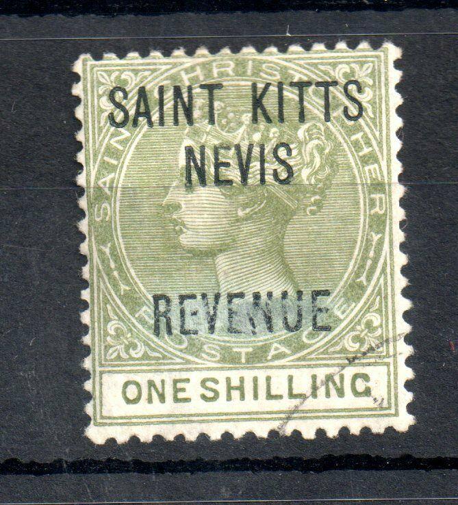 St Kitts & Nevis QV 1885 /- olive Revenue very fine used SG#R6 WS13152