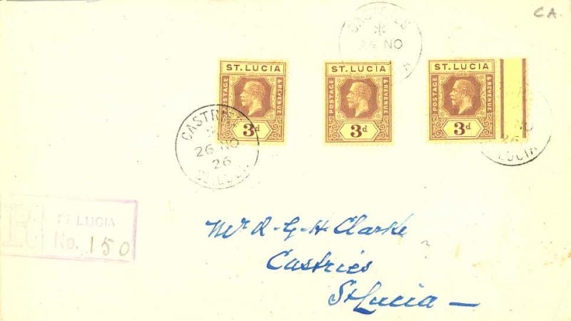 Saint Lucia 3d KGV (3) 1926 Castries, St. Lucia Registered Local use.