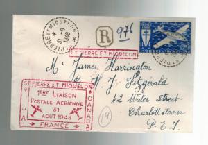 1948 St Pierre Miquelon First FLight airmail cover FFC to Charlottetown Canada 7