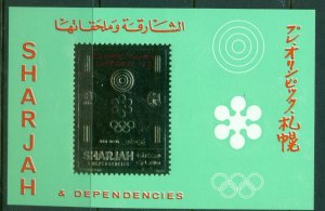 Sharjah 1972 Mi#MS124 Winter Olympics Sapporo Red Opt Gold Foil embossed MS MLH