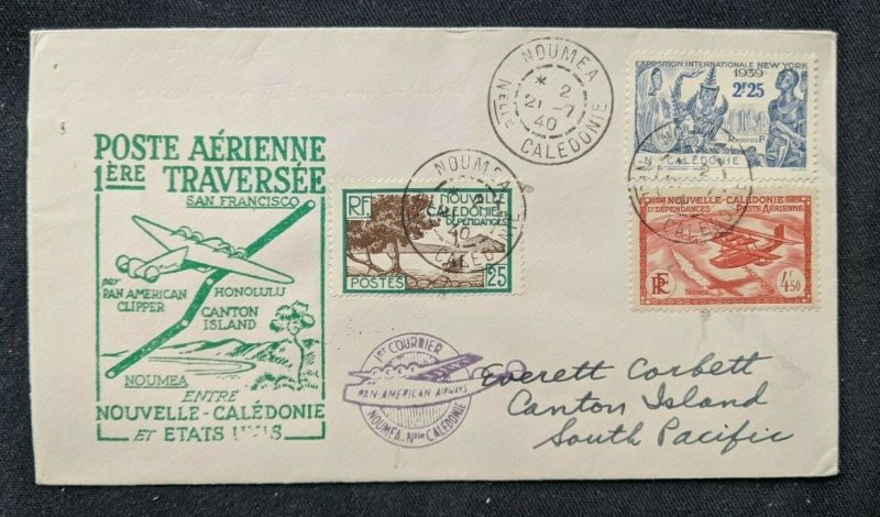 1940 Noumea Caledonia First Flight Airmail Cover to Canton Island