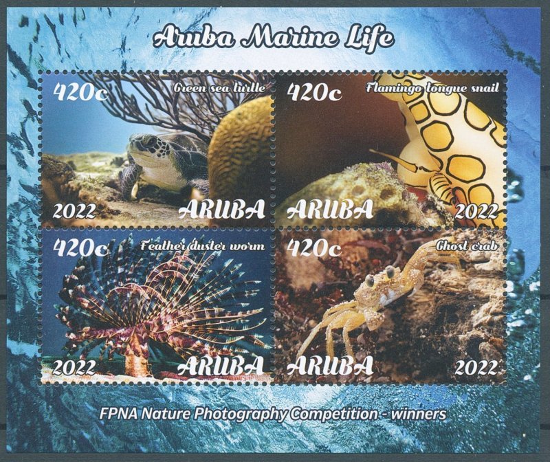 Aruba 2022 MNH Marine Life Stamps Sea Turtles Snails Crabs 4v M/S 