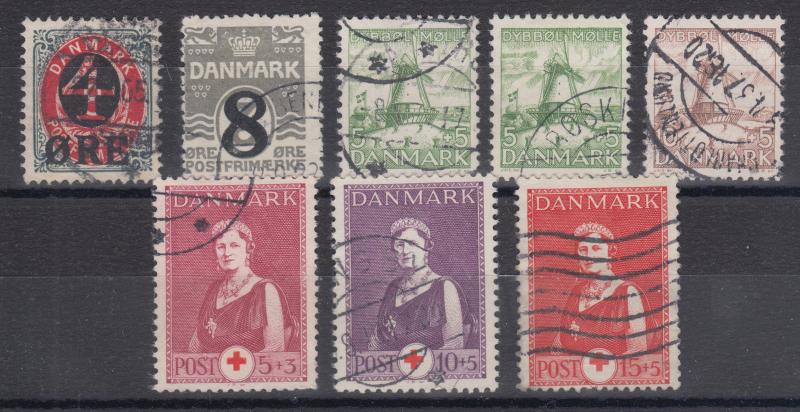 Denmark Sc 55/B11 used 1904-1939 issues, 8 early used singles, fresh & sound