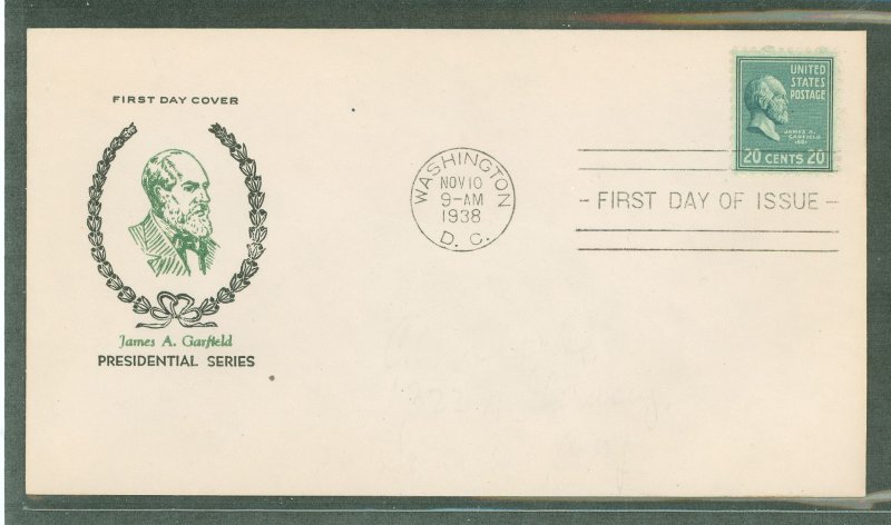 US 825 1938 20c James Garfield (presidential/prexy series) single on an unaddressed first day cover with a Fidelity cachet.