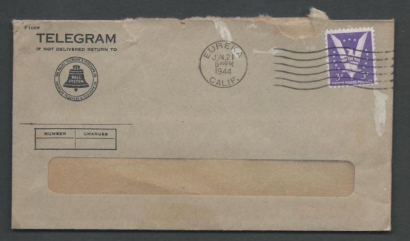 Scott# 905 on Bell Telegram cover June 21, 1944 Eureka Calif