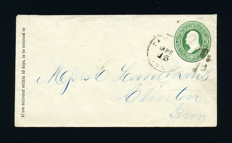 # U83 entire to Clinton, PA dated 4-15-1870's