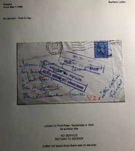 1944 London England Return To Sender Due No Service Cover To Pont Rean France