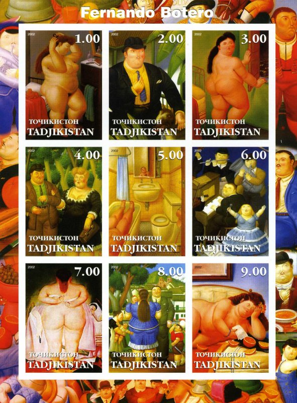 Tajikistan 2002 Fernando Botero NUDES Paintings set (9v) Imperforated Mint (NH)