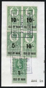 Isle of Man KGVI Three 10/- and 5/- and 1/- Key Plate Type Revenues CDS on Piece