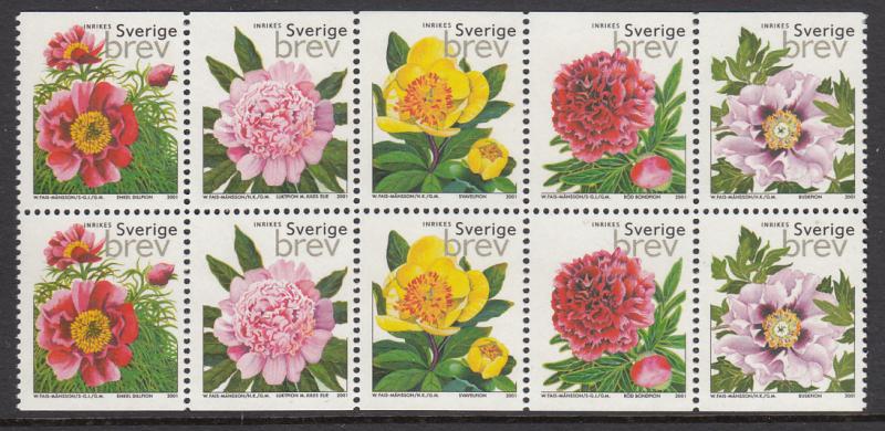 Sweden 2001 MNH Scott #2417f Booklet pane of 10 5 different Peonies
