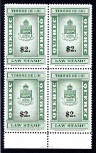 van Dam QL116, $2, Coat of Arms, MNH, block of 4, Quebec Law, Canada Revenue S