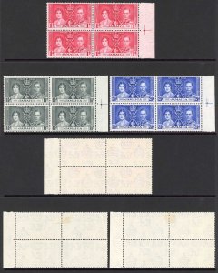 Jamaica SG118/20 1937 Coronation Positional Block 2 x U/M (1 x 1 1/2d crease)