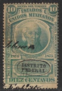 MEXICO REVENUES 1874-75 10c HIDAIGO WOVE Paper DISTRITO FEDERAL Control DO7 Used