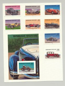 Togo #1249-1258 Classic Automobiles 8v & 2v S/S Imperf Chromalin Proofs on Cards