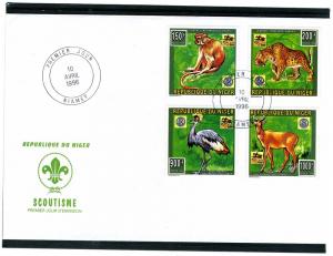 FDC Niger 1996 Monkey-Deer-Leopard-Grue Royale-Scouts Perf. 