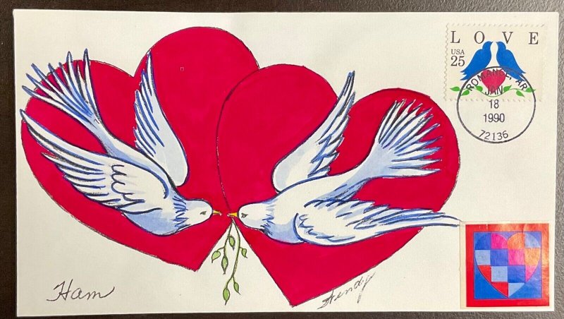 2440 Ham/Wendy hand painted cachet Love Doves FDC #250 of 258  1990