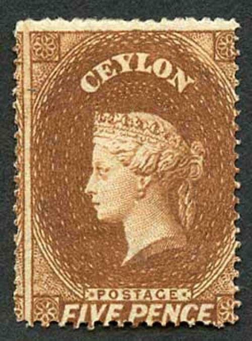 Ceylon SG22 5d Chestnut Wmk Star clean cut Perf 14 to 15.5 M/Mint (THIN)