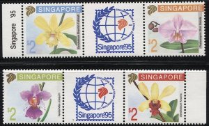 SINGAPORE 1991-92 Sc 597a,716a  MNH  VF Pair + Label Orchids, Stamp Exhibition