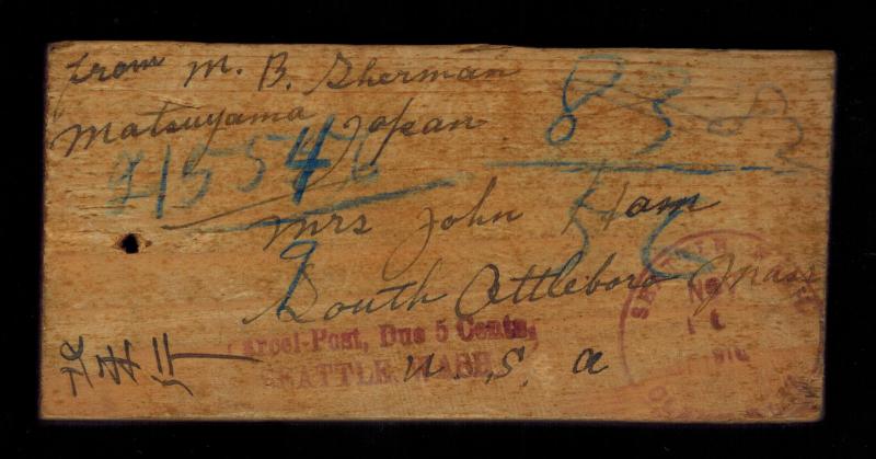 1914 Matsuyama Japan Wood Block Parcel Tag Postage Due Cover to USA 