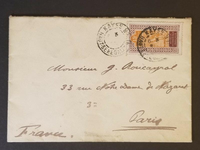 1917 Kayes Upper Senegal and Niger to Paris France French Colony Cover 