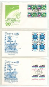 United Nations-Vienna 30/31-32 1983 Communications, Safety at Sea FDCs, artmaster cachets; 3 different blocks of 4 FDCs, U/A