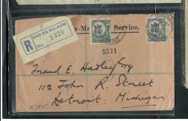 TANGANYIKA  COVER (P2908B)  1926  50C+15C  GIRAFFE ON REGISTER COVER TO USA