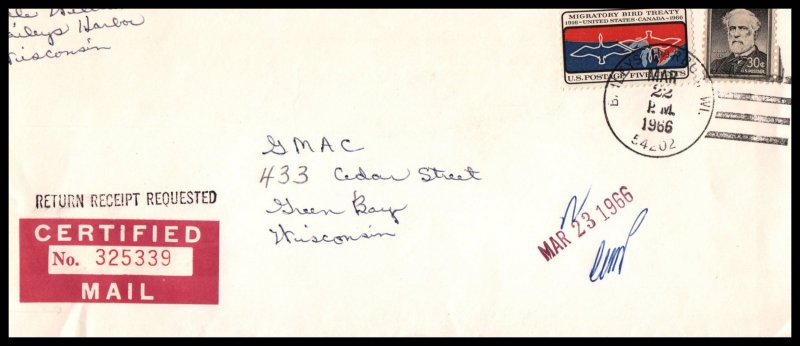 US Bailey's Harbor,WI to Green Bay,WI 1966 Certified Mail Cover