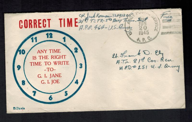 1945 USA Patriotic Cover Correct Time to Write GI Joe APO 464 Free SOldier mail