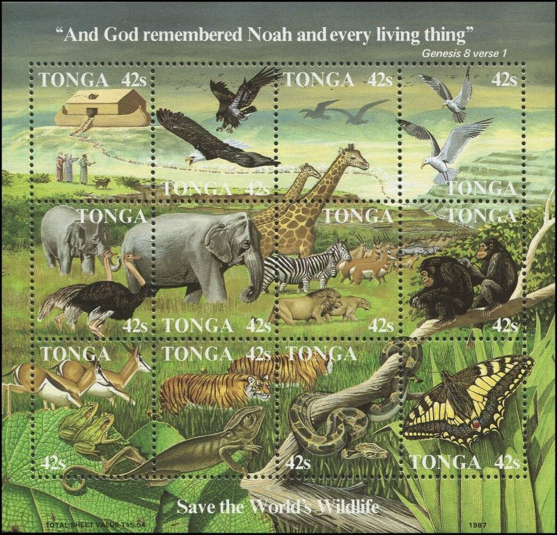 Tonga 1987 Sc 650 Birds Noah's Ark Giraffe Elephant Zebra Butterfly CV $57.50