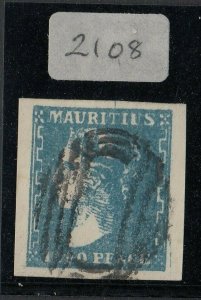 SG 43a Mauritius 1859. 2d blue. Very fine used. 4 large margins CAT 1979