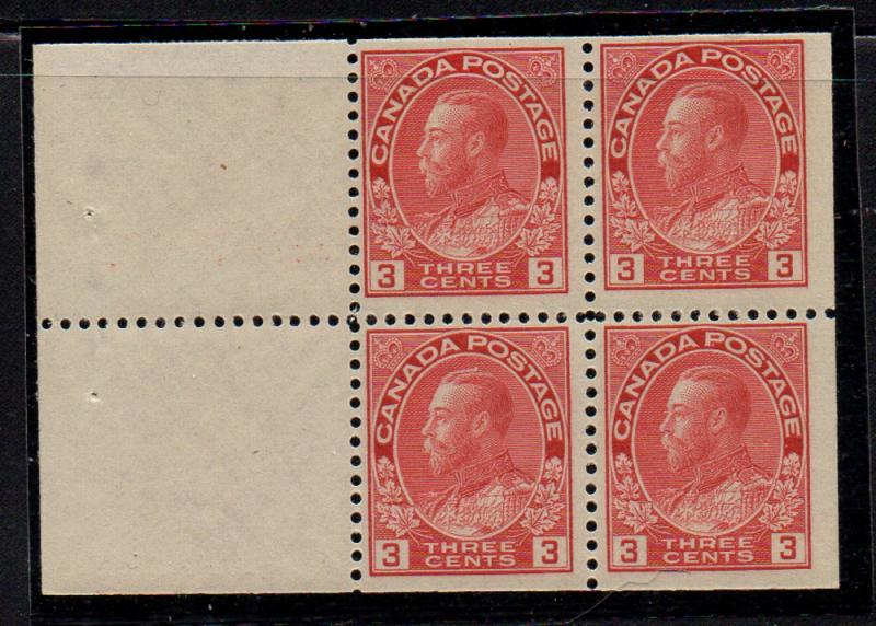 Canada Sc 109a 1923 2c carmine G V Admiral stamp booklet pane of 4 mint