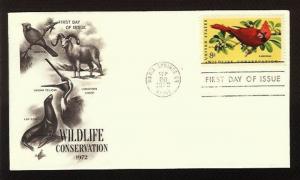 FIRST DAY COVER #1465 Wildlife Conservation Cardinal 8c ARTCRAFT U/A FDC 1972