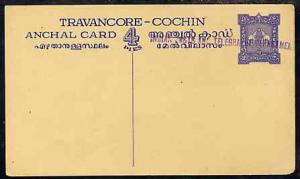 Indian States - Travancore-Cochin 1950c 4 pies p/stat car...