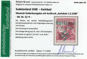 GERMANY OCCUPATION SUDETENLAND KARLSBAD MICHEL 52 PERFECT MH CERT BRUNEL
