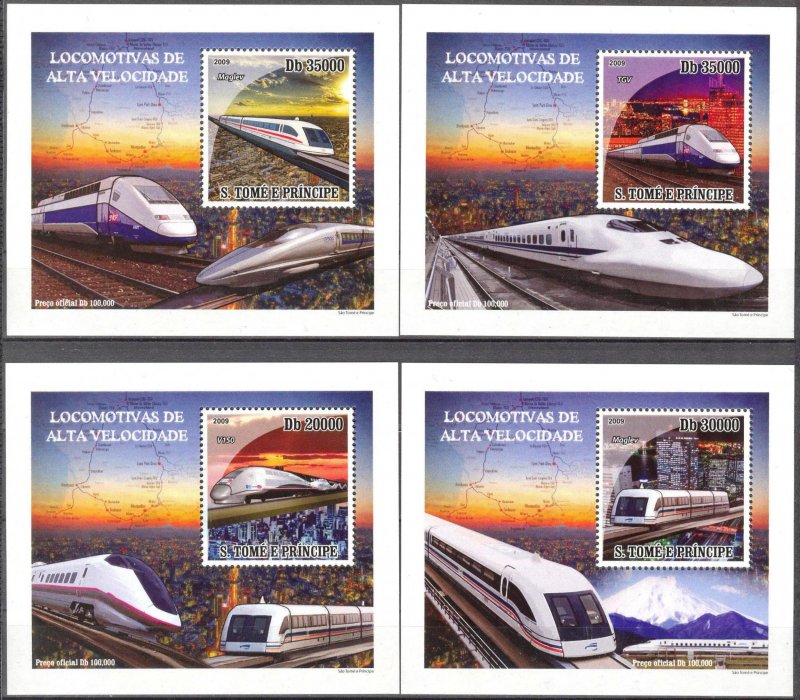 {004} Sao Tome & Principe 2009 Trains Locomotives 4 S/S Deluxe MNH