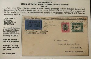 1933 Durban South Africa First Flight Airmail Cover FFC To Salisbury S Rhodesia