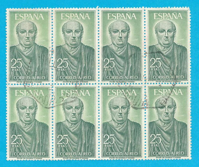 Spain 1966 Airmail Scott C177 block of 8 used - 25p, Seneca 